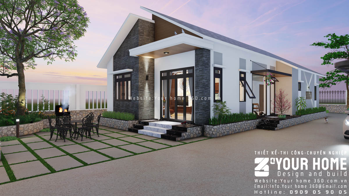 thiết kế nhà cấp 4 mái lệch sân vườn tại Ninh Thuận